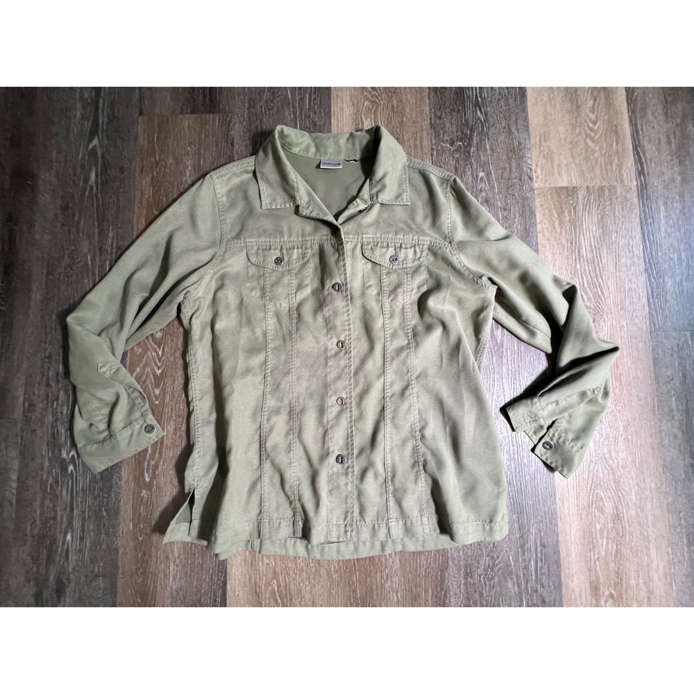 Chico's Button Down Shirt Women large Olive Green Faux Suede Utility Long Sleeve